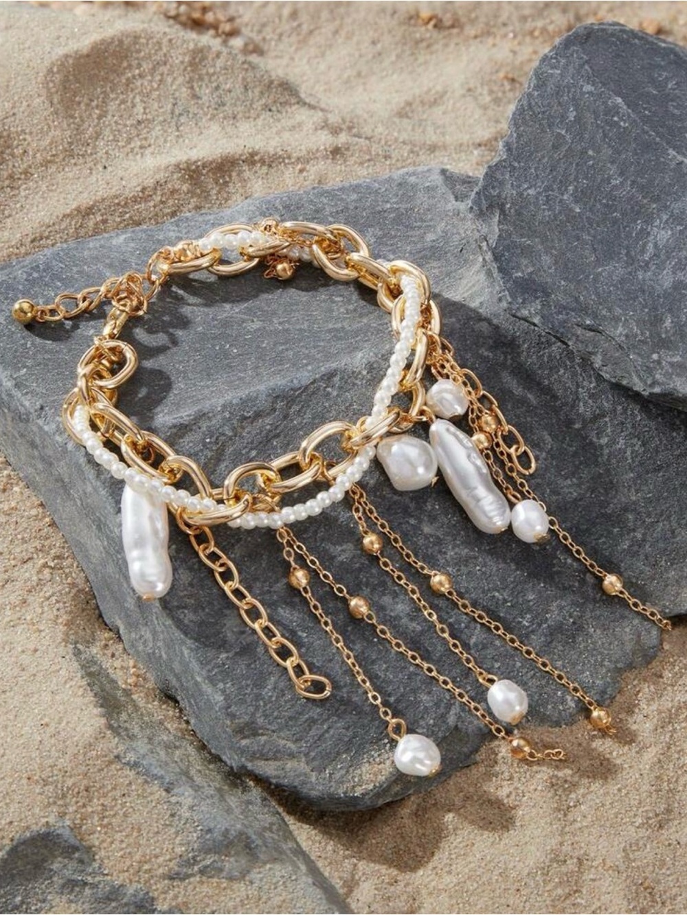 Gold and White Pearl Multi-Chain Charm Bracelet